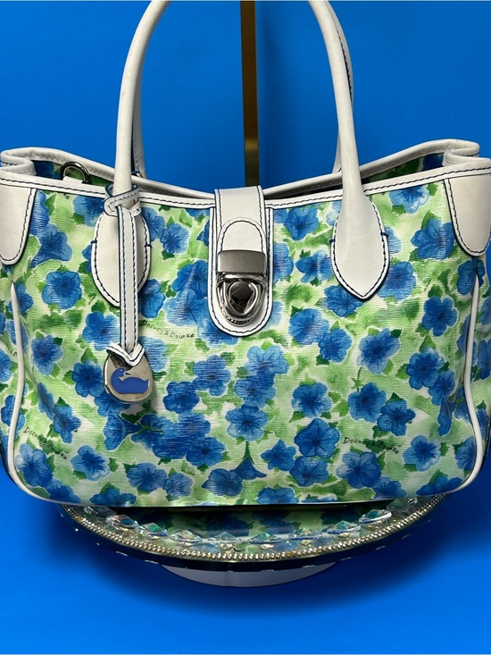 Dooney and Bourke Handbags - Dooney and Bourke White Tote Bag with Blue Floral Print Approximately 14 x 8 x 5